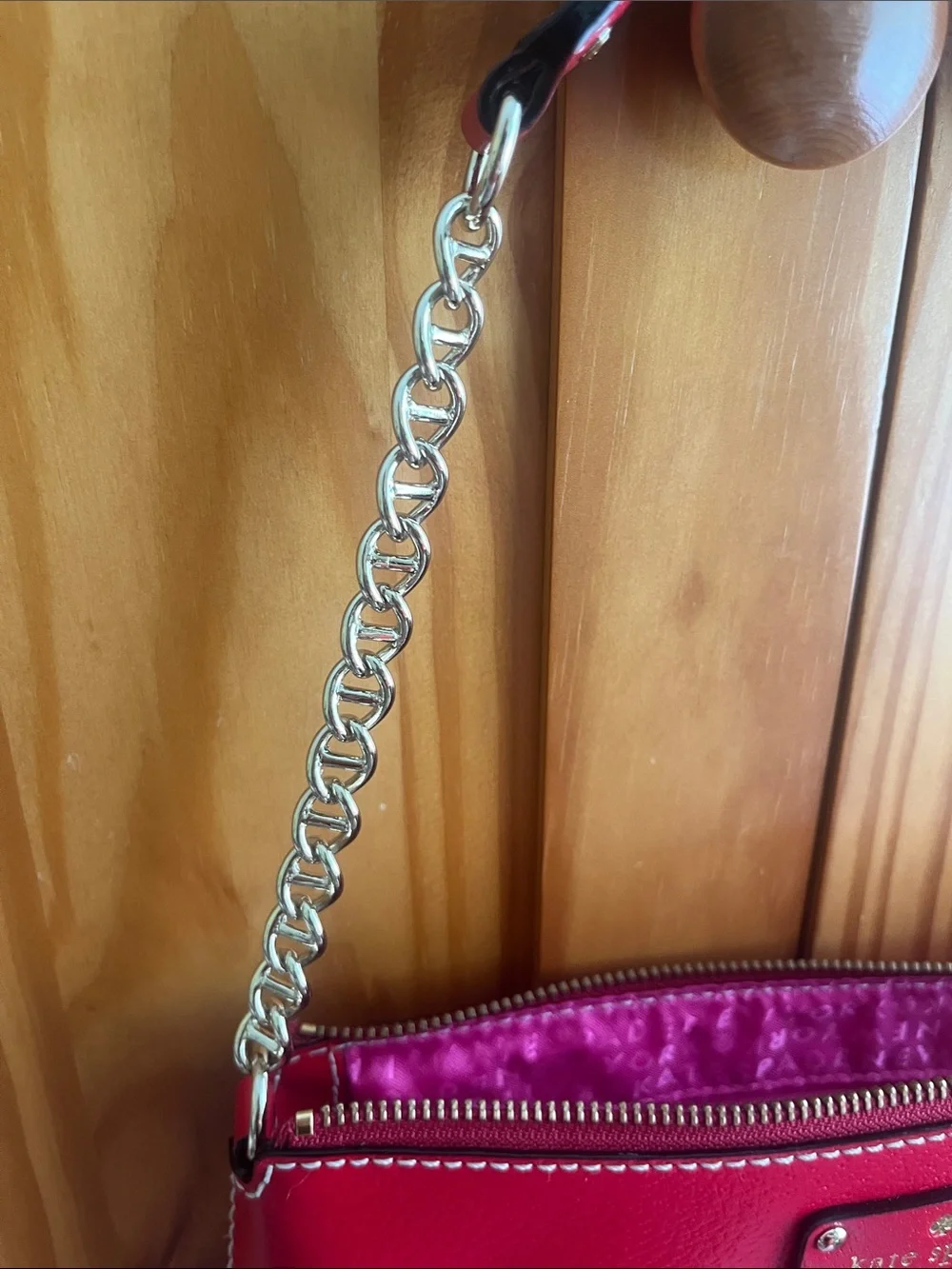 kate spade Red Leather Wristlet Clutch with Gold Chain